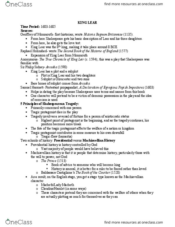 ENG 211 Lecture Notes - Lecture 4: Goneril, Raphael Holinshed, Shakespearean Tragedy thumbnail