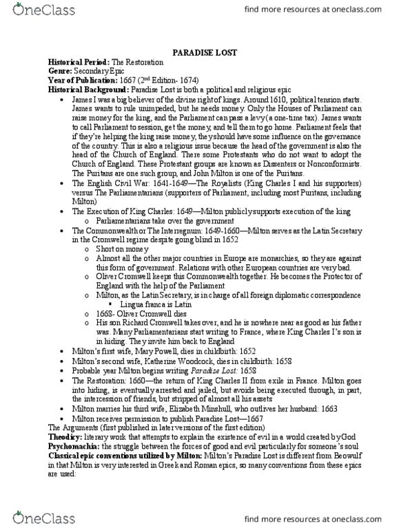 ENG 211 Lecture Notes - Lecture 5: Lingua Franca, In Medias Res, Puritans thumbnail