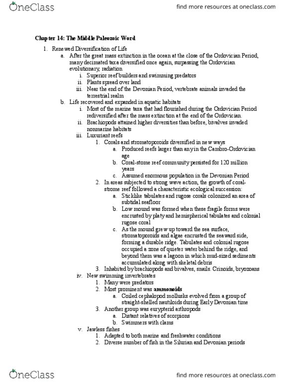 GSC 111 Chapter Notes - Chapter 14: Rugosa, Ordovician, Devonian thumbnail