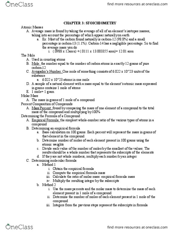 CHM 111 Chapter Notes - Chapter 3: Chemical Formula, Chemical Equation, Carbon-12 thumbnail