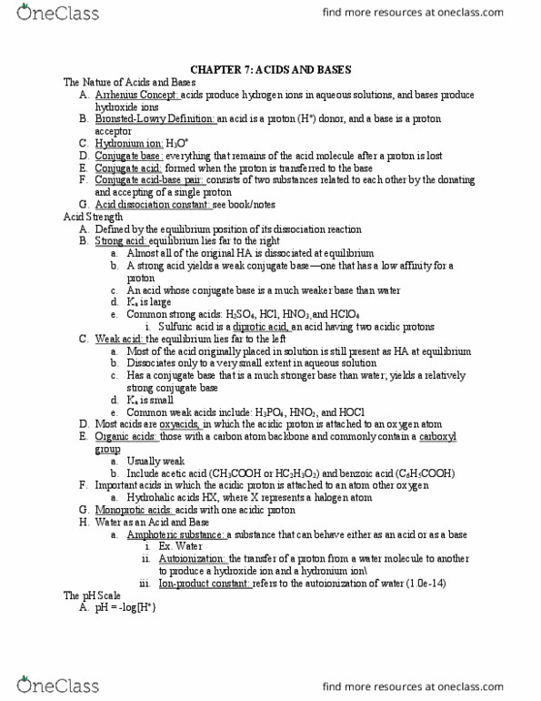 CHM 111 Chapter Notes - Chapter 7: Acid Dissociation Constant, Conjugate Acid, Hydronium thumbnail