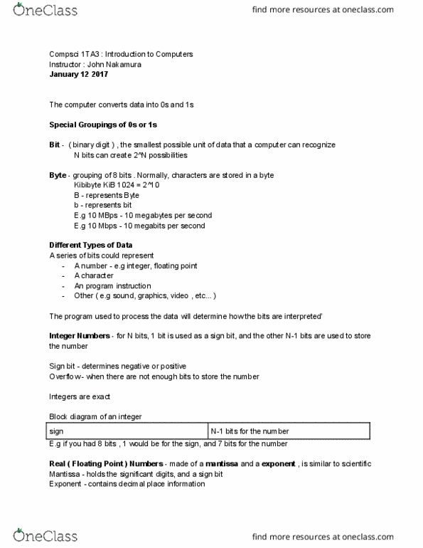 COMPSCI 1TA3 Lecture Notes - Lecture 3: Sign Bit, Block Diagram, Program Counter thumbnail