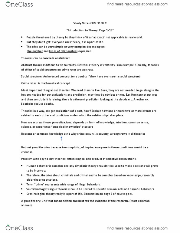 CRM 1301 Chapter Notes - Chapter 1: Differential Association, Theory-Theory, Conflict Theories thumbnail