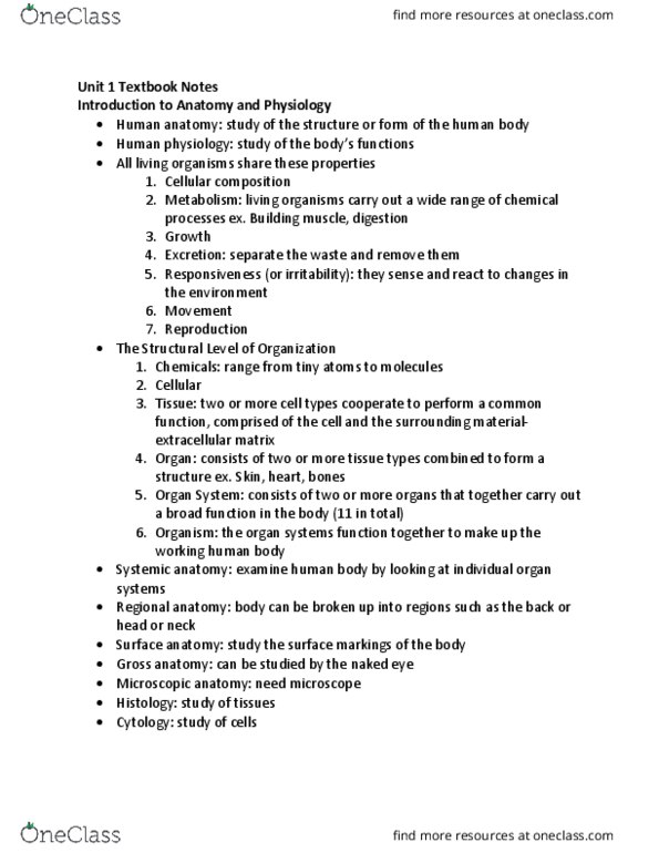 BSC 215 Chapter Notes - Chapter page 1-13: Structural Level, Outline Of Human Anatomy, Human Body thumbnail