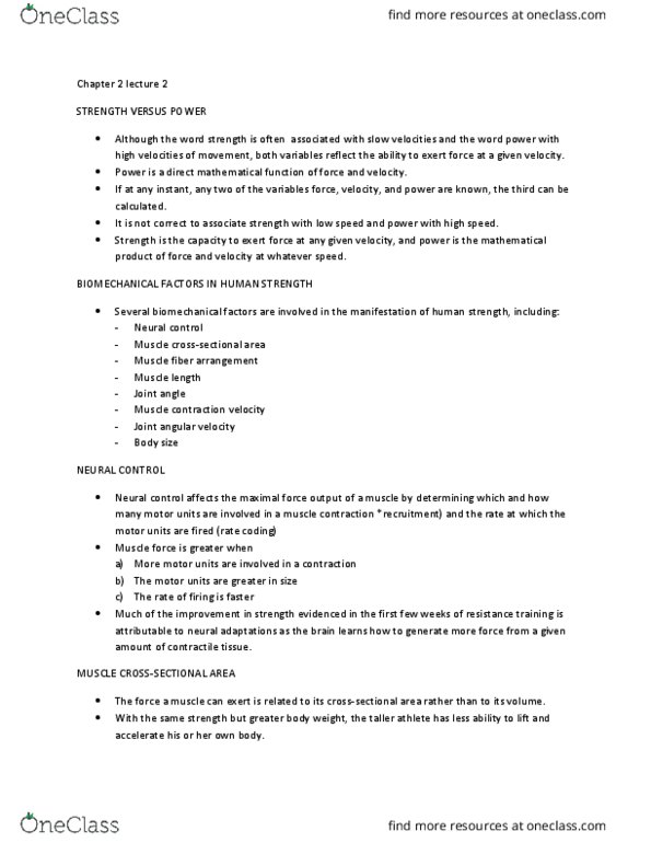 EXCI 352 Lecture Notes - Lecture 2: Pennate Muscle, Angular Velocity, Biomechanics thumbnail