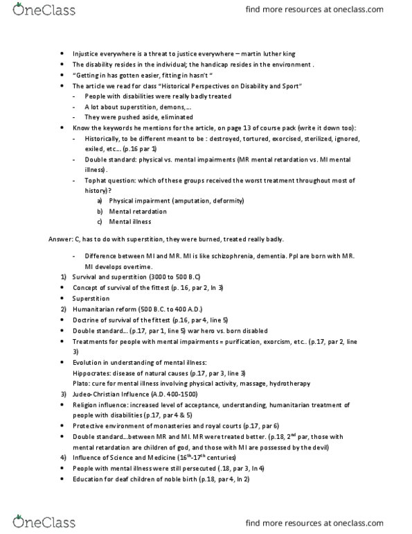 EXCI 210 Lecture Notes - Lecture 2: Intellectual Disability, Hydrotherapy, Double Standard thumbnail