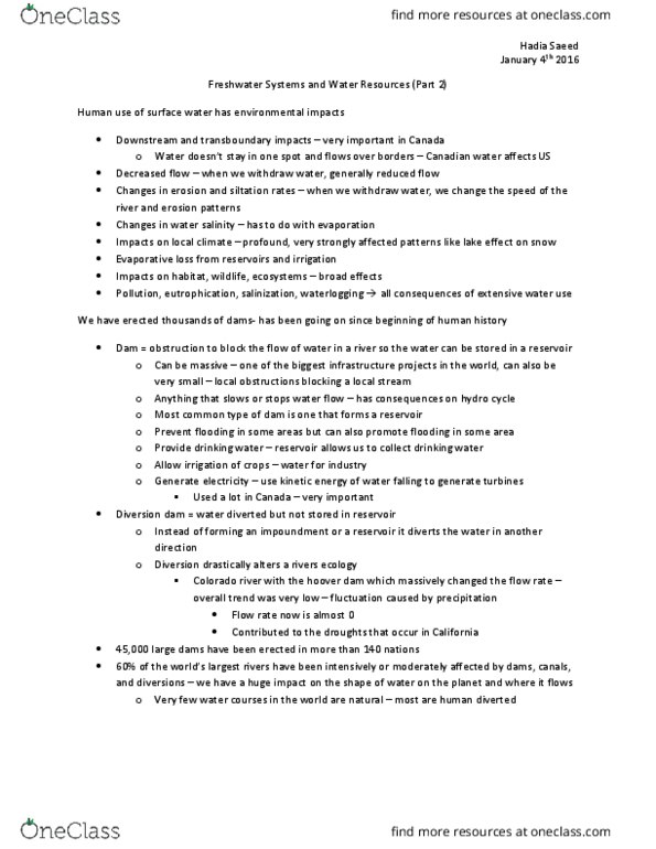 ENV100Y5 Lecture 16: L16 Ch11 - Freshwater Systems PT2 thumbnail