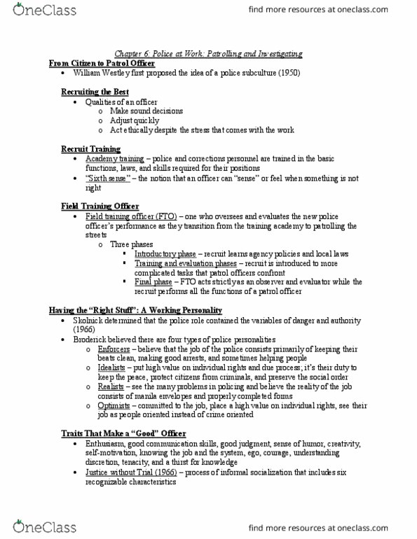 CRJ 104 Chapter Notes - Chapter 6: Field Training Officer, Modus Operandi, Organizational Culture thumbnail