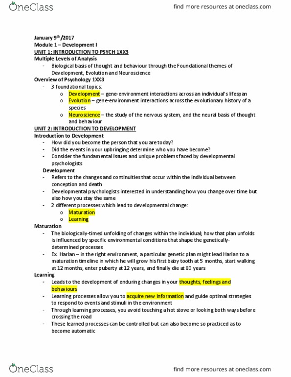 PSYCH 1XX3 Lecture Notes - Lecture 1: Habituation, Prenatal Development, Repeated Measures Design thumbnail