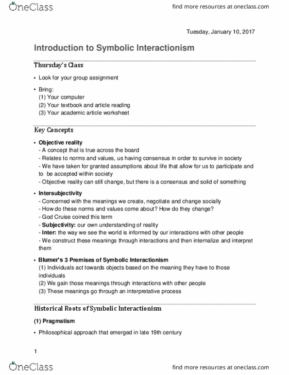 SOCPSY 2M03 Lecture Notes - Lecture 1: Symbolic Interactionism, Intersubjectivity, George Herbert Mead thumbnail