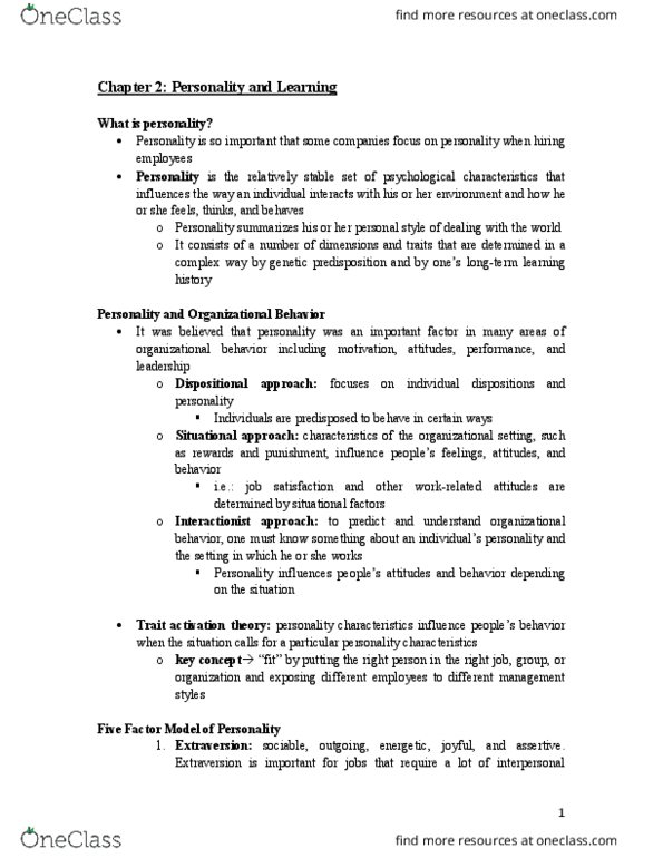 COMM 222 Chapter Notes - Chapter 2: Big Five Personality Traits, Job Satisfaction, Conscientiousness thumbnail