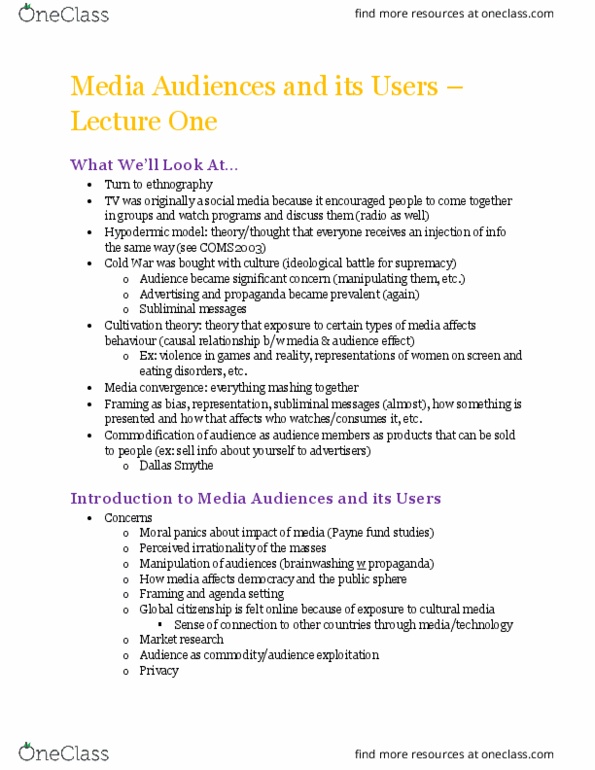 COMS 3406 Lecture Notes - Lecture 1: Payne Fund Studies, George Gerbner, Cultivation Theory thumbnail