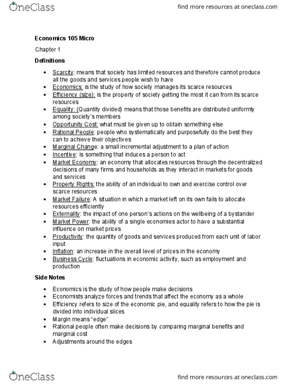 ECO 105 Chapter Notes - Chapter 1: Marginal Utility, Marginal Cost, Opportunity Cost thumbnail