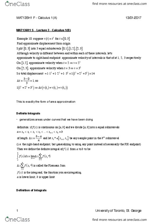 MAT136H1 Lecture Notes - Lecture 3: Riemann Sum, 2 On thumbnail