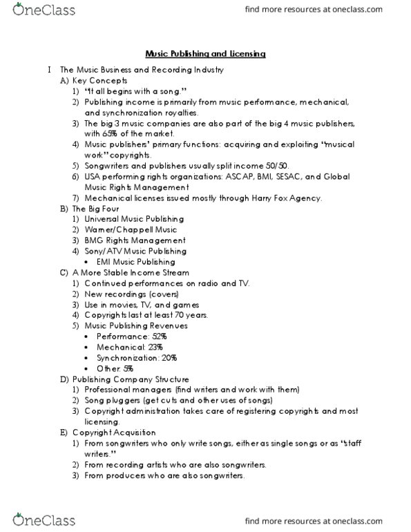 MBU 1110 Lecture Notes - Lecture 3: Harry Fox Agency, Performance Rights Organisation, Bmg Rights Management thumbnail