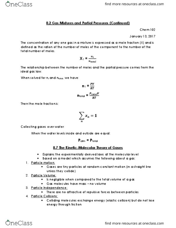 CHEM 102 Lecture Notes - Lecture 5: Kinetic Theory Of Gases, Ideal Gas Law, Elastic Collision thumbnail