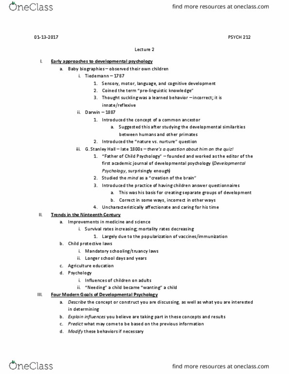PSYCH 212 Lecture Notes - Lecture 2: Developmental Psychology, Academic Journal, Breastfeeding thumbnail