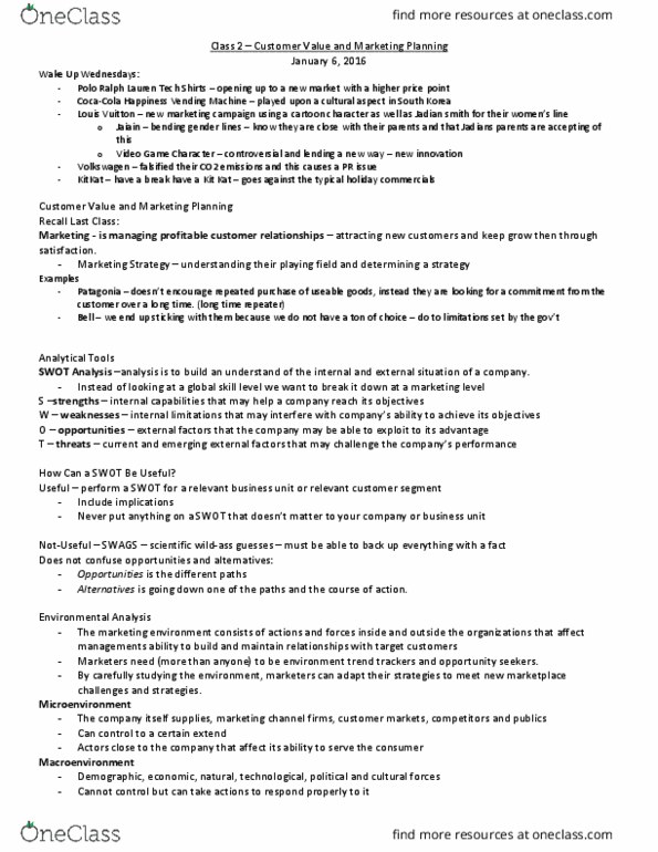 COMM 131 Lecture Notes - Lecture 2: Customer Relationship Management, Swot Analysis, Market Segmentation thumbnail