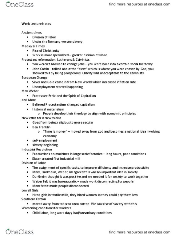 SOCI201 Lecture Notes - Lecture 20: Lowell Mill Girls, Stock Market Crash, John Calvin thumbnail