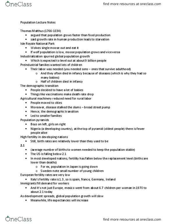 SOCI201 Lecture Notes - Lecture 22: Isle Royale National Park, Soho, Thomas Robert Malthus thumbnail