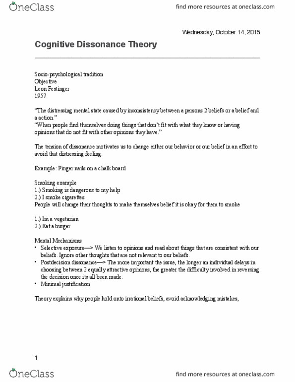COM 219 Lecture Notes - Lecture 8: Cognitive Dissonance, Leon Festinger thumbnail