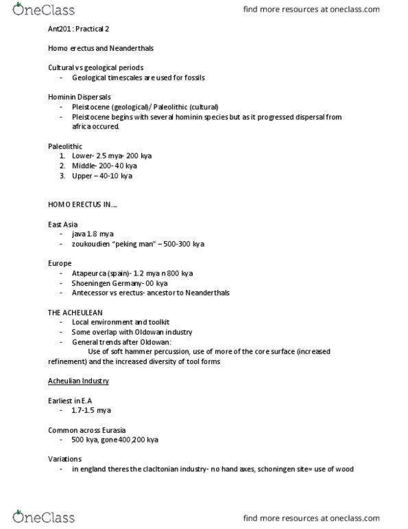 ANT201H5 Lecture Notes - Lecture 2: Homo Erectus, Oldowan, Acheulean thumbnail