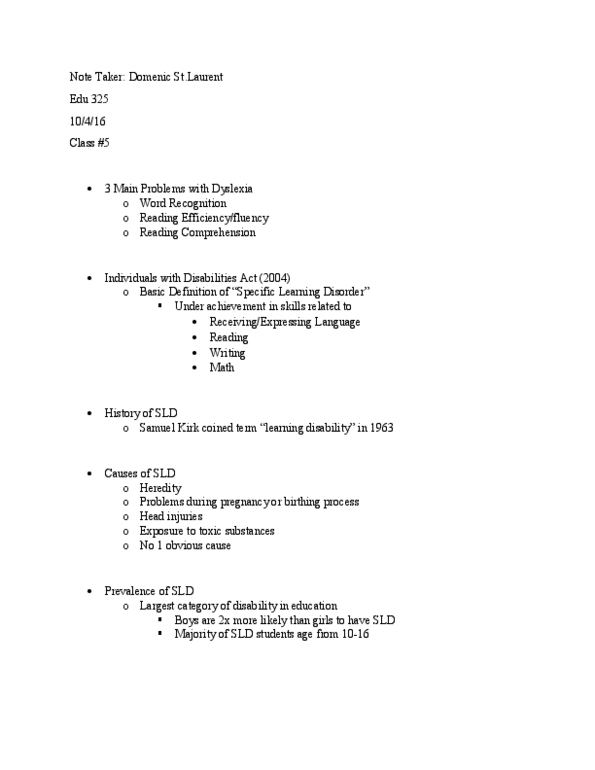 EDUC 325 Lecture Notes - Lecture 5: Dyscalculia, Dysgraphia, Dyslexia thumbnail