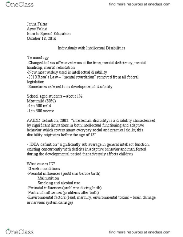 EDUC 325 Lecture Notes - Lecture 6: Cerebral Palsy, Intellectual Disability, Developmental Disability thumbnail