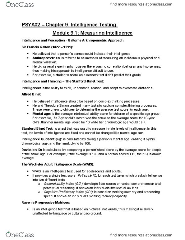 PSYA02H3 Chapter Notes - Chapter 9: Louis Leon Thurstone, Theory Of Multiple Intelligences, Mental Age thumbnail