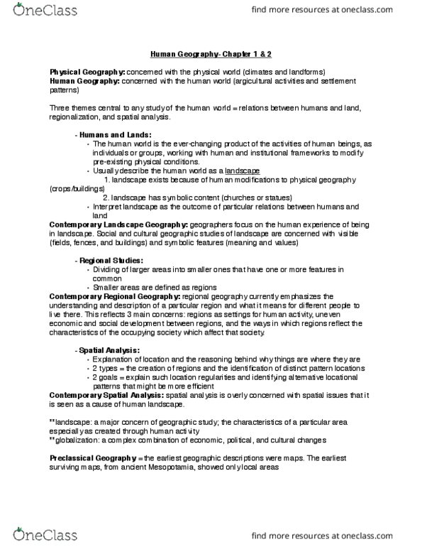 GEOG 1HA3 Chapter Notes - Chapter 1-2: Spatial Analysis, Regional Geography, Human Geography thumbnail