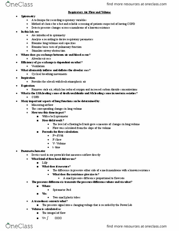 BIOL 320 Lecture Notes - Lecture 8: Lung Volumes, Spirometer, Spirometry thumbnail