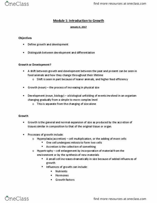 ANS 3043 Lecture Notes - Lecture 2: Hyperplasia, Hypertrophy, Mitosis thumbnail