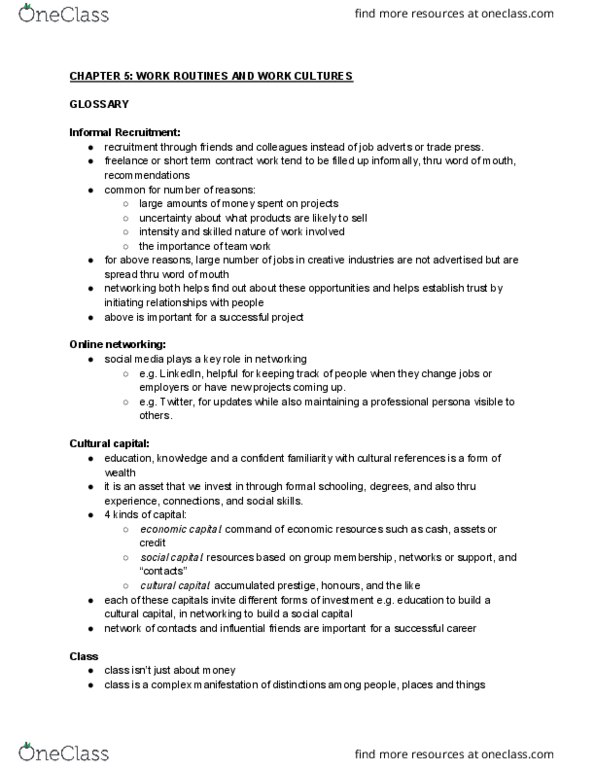 CRI 100 Chapter Notes - Chapter 5: Soft Skills, Cultural Capital, Creative Class thumbnail