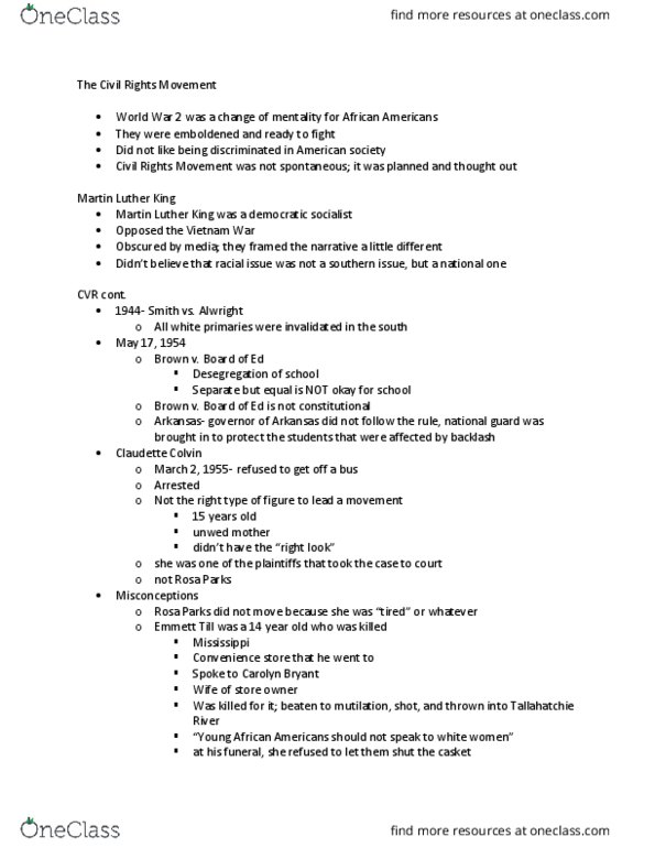 HIST206 Lecture Notes - Lecture 12: Southern Christian Leadership Conference, Montgomery Bus Boycott, Claudette Colvin thumbnail