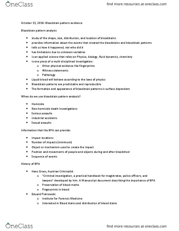 FSC239Y5 Lecture Notes - Lecture 9: Bloodstain Pattern Analysis, Sam Sheppard, Blood Residue thumbnail