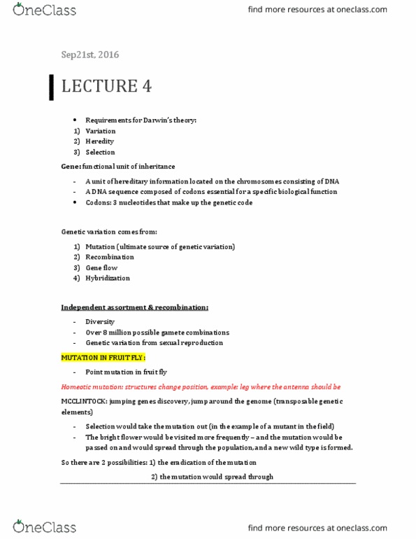 BIO120H1 Lecture Notes - Lecture 4: Genetic Variation, Dna Replication, Mendelian Inheritance thumbnail