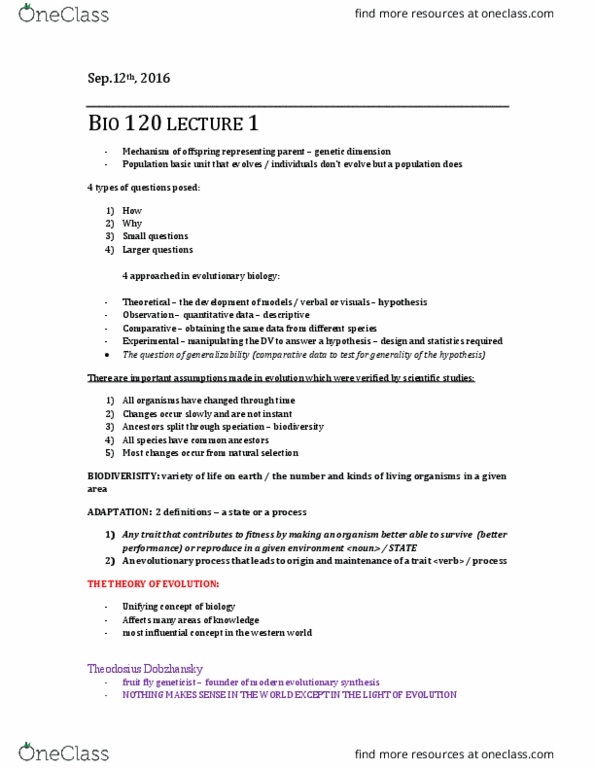 BIO120H1 Lecture Notes - Lecture 1: Theodosius Dobzhansky, Eichhornia Crassipes, Lists Of Invasive Species thumbnail