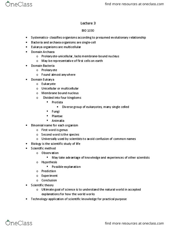 BIO 1030 Lecture Notes - Lecture 3: Protist, Archaea, Plant thumbnail