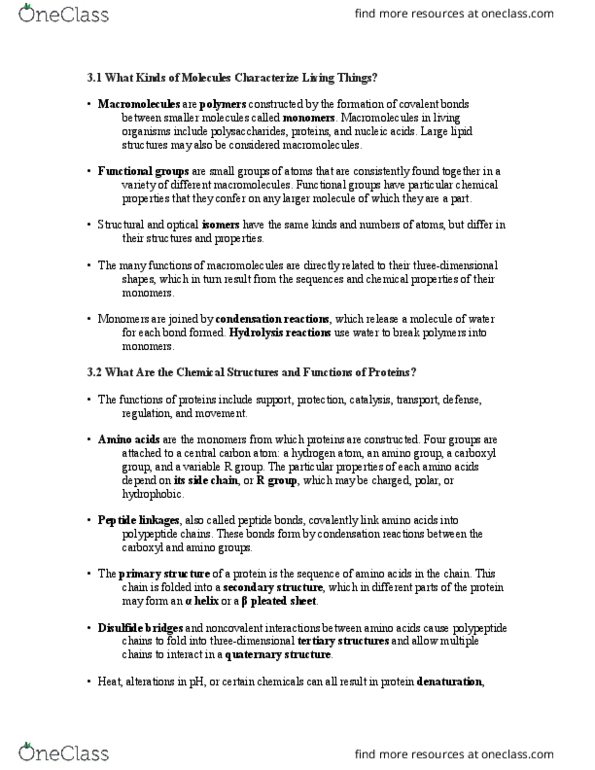 CAS BI 108 Chapter Notes - Chapter 3: Protein Folding, Carboxylic Acid, Amine thumbnail