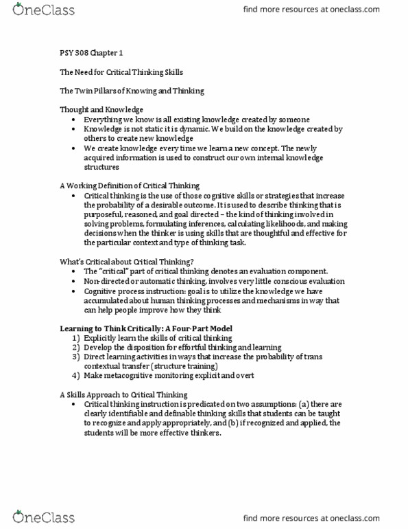 PSY 308 Chapter Notes - Chapter 1: Critical Thinking, Metacognition, Psy thumbnail