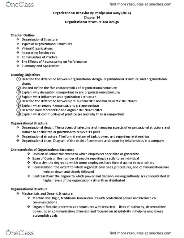 MGMT 311 Chapter Notes - Chapter 14: Organizational Chart, Organizational Structure, Formal System thumbnail