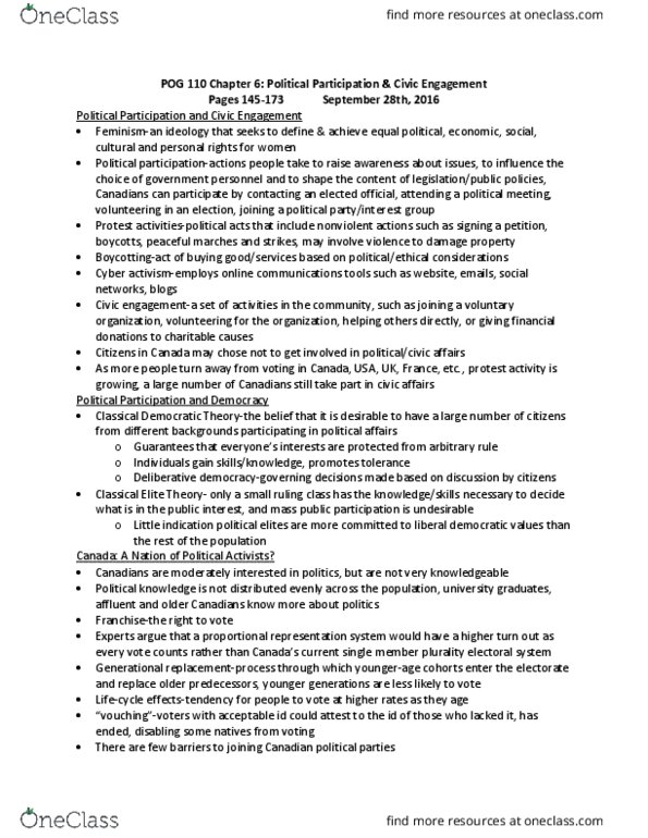 POG 110 Chapter Notes - Chapter 6: Civic Engagement, List Of Political Parties In Canada, Plurality Voting System thumbnail