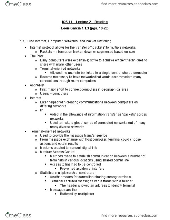 I&C SCI 11 Lecture Notes - Lecture 2: Packet Switching, Wide Area Network, Error Detection And Correction thumbnail