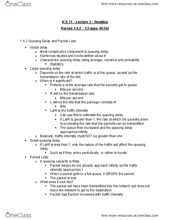 I&C SCI 11 Lecture Notes - Lecture 3: Queuing Delay, Packet Loss, End System thumbnail