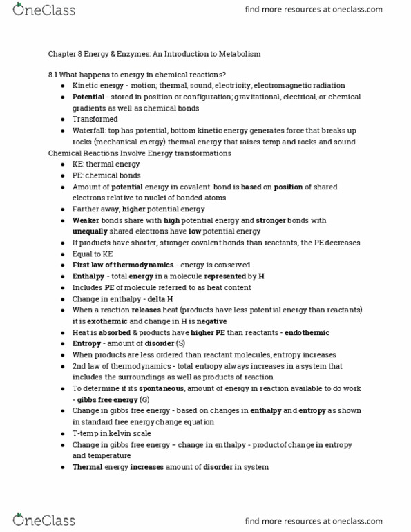 BIOL 1361 Chapter Notes - Chapter 8: Flavin Adenine Dinucleotide, Atp Hydrolysis, Thermal Energy thumbnail