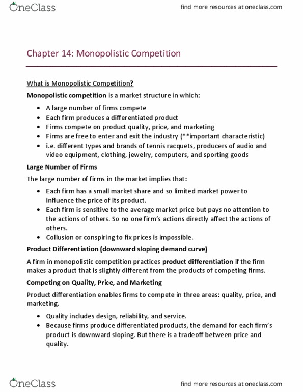 Economics 1021A/B Lecture Notes - Lecture 14: Monopolistic Competition, Product Differentiation, Demand Curve thumbnail