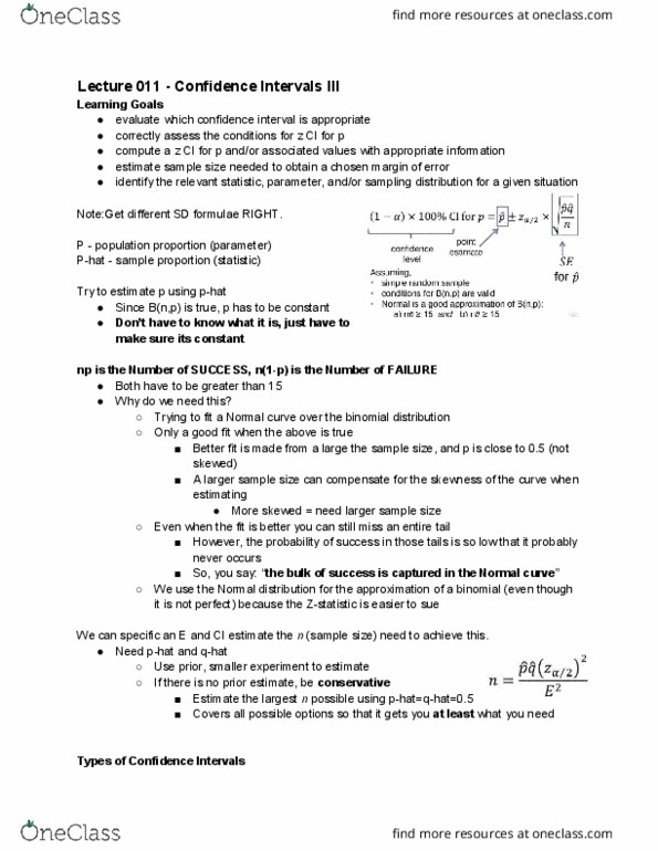 Statistical Sciences 2244A/B Lecture Notes - Lecture 11: Binomial Distribution, Confidence Interval, Sampling Distribution thumbnail