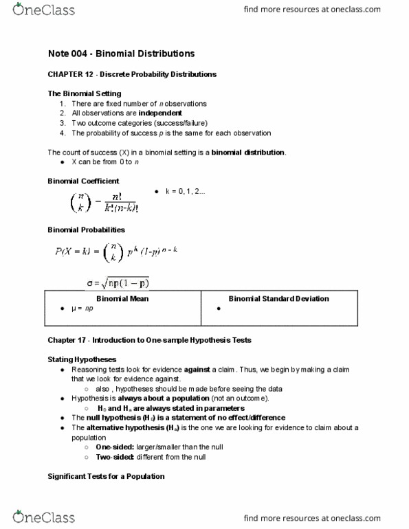 Statistical Sciences 2244A/B Chapter Notes - Chapter 12, 17: Binomial Distribution, Probability Distribution, Standard Deviation thumbnail