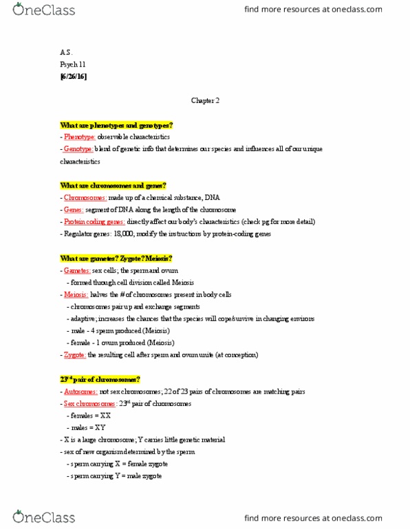 PSYCH 11 Chapter Notes - Chapter 2: Y Chromosome, Egg Cell, Twin thumbnail