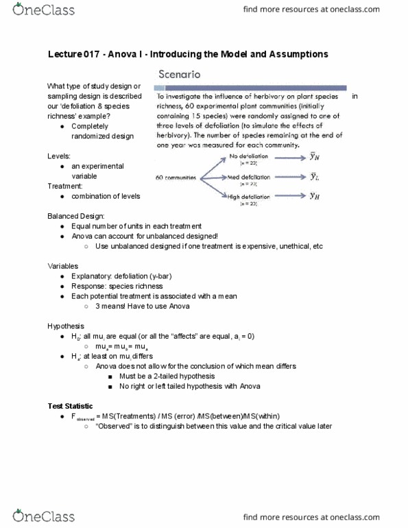 Statistical Sciences 2244A/B Lecture Notes - Lecture 17: Analysis Of Variance, Variance, F-Distribution thumbnail